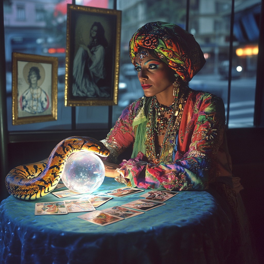 Exotic Romani fortune teller with vivid snake and art.