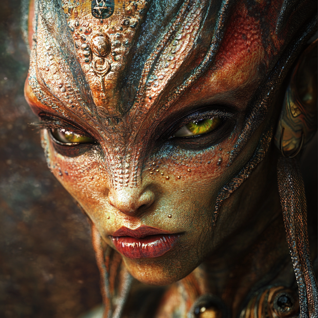 Exotic alien with tribal jewelry, vivid skin tones portrait.