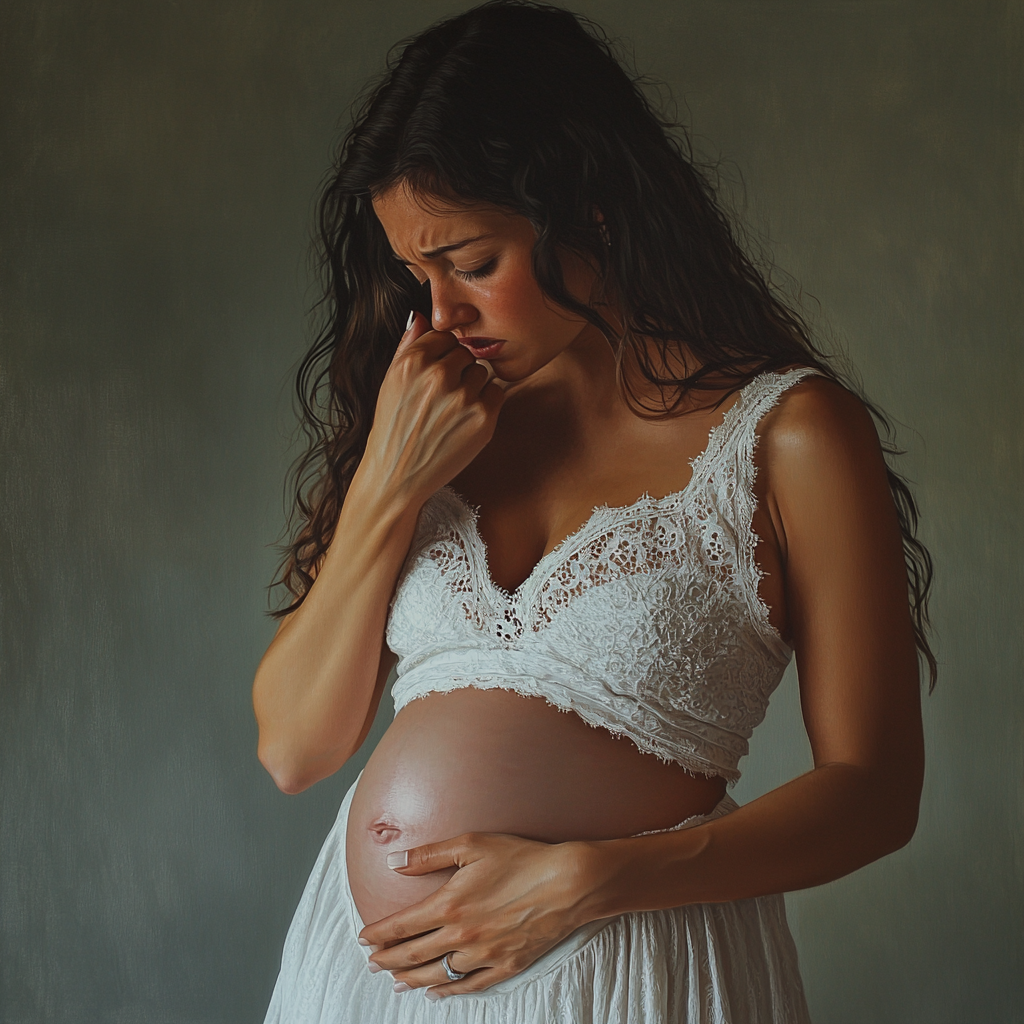 Expectant mother feeling contraction, hand on stomach, pained expression.