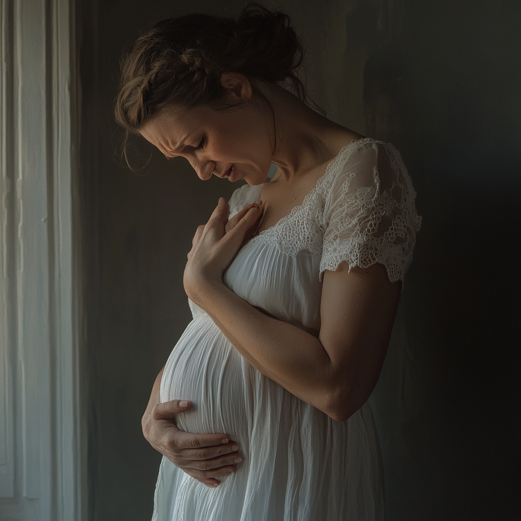 Expectant mother with painful stomach contraction in white dress.