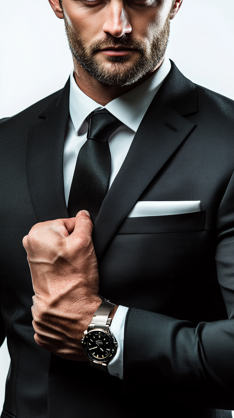 Expensive watch on hand, wearing a suit, muscular businessman.