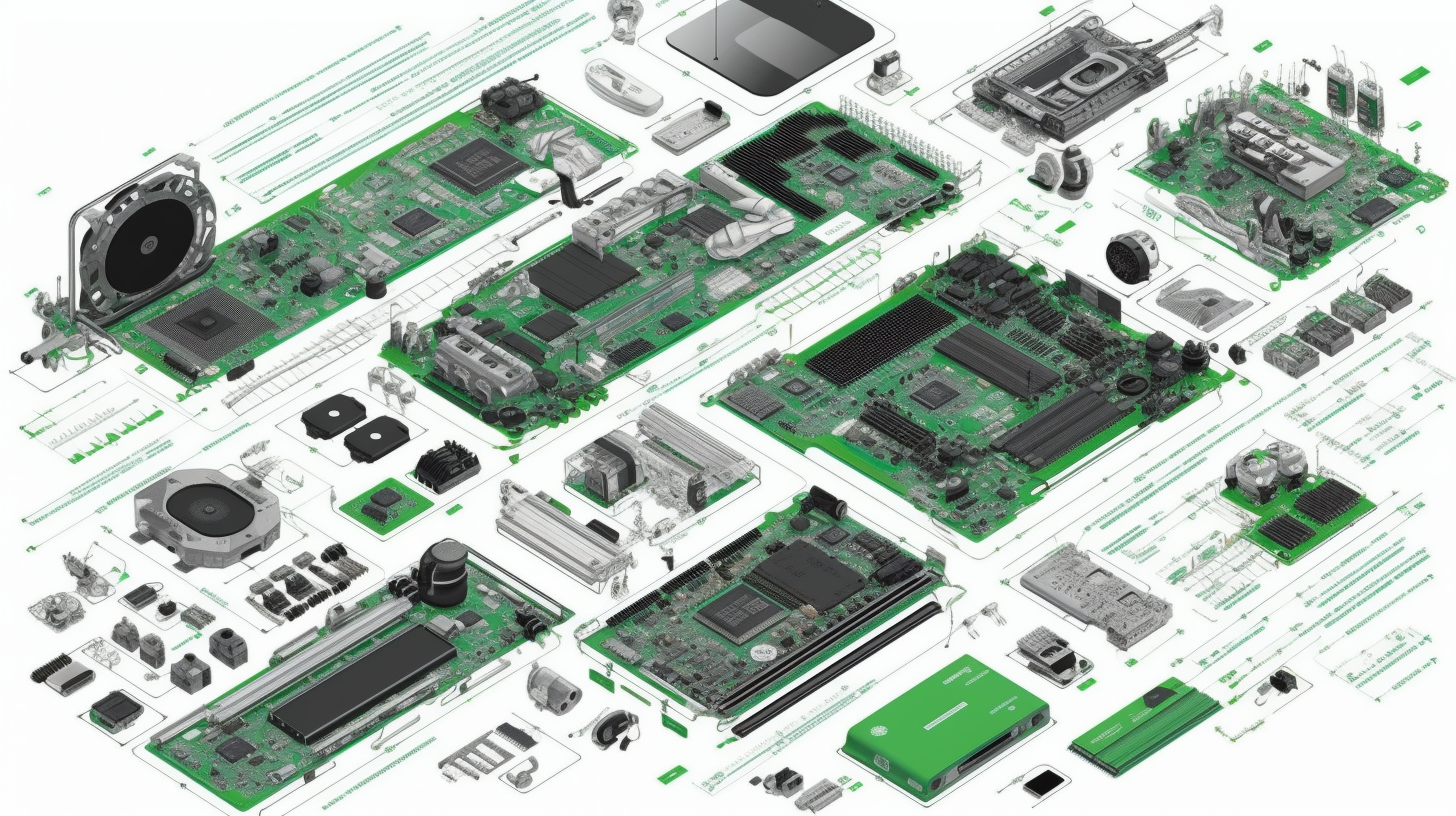 Exploded view of electronic device components with details.