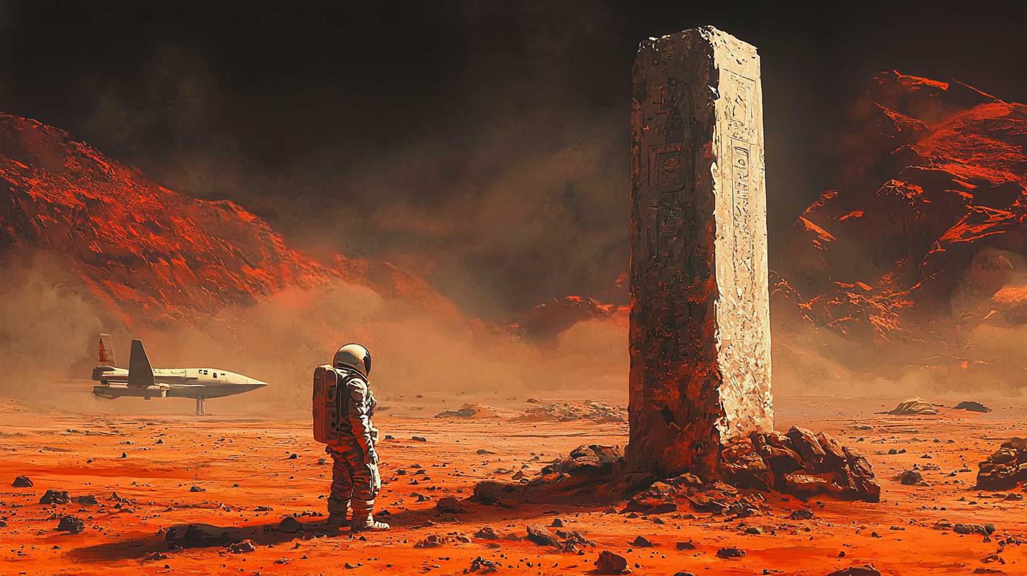 Exploration on Mars: solitary cosmonaut studies mysterious pillar.