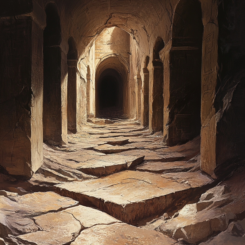 Exploring Egyptian-Style Labyrinth Tunnel with Jagged Stones