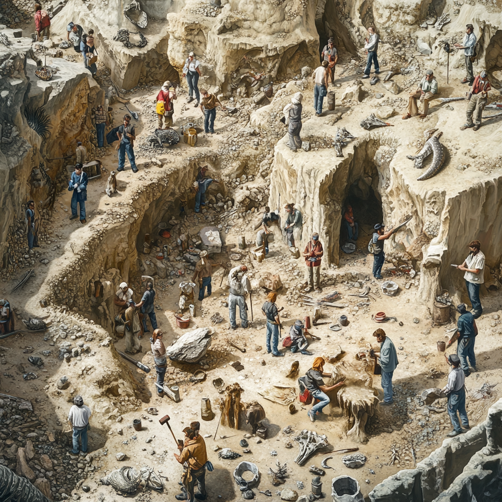 Exploring Geology: Busy Scene with Scientists and Fossils