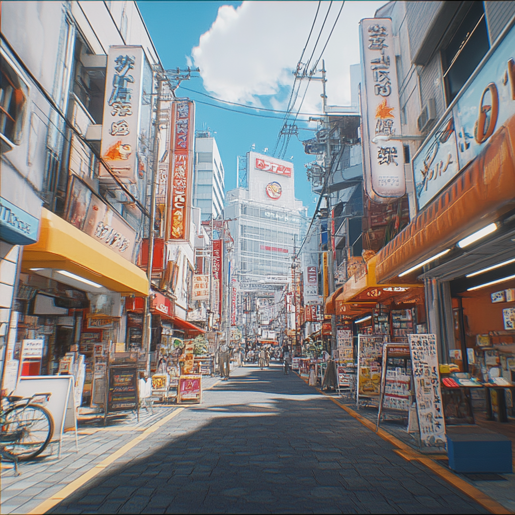 Exploring a Sunny Japanese Shopping Area from Ground View.