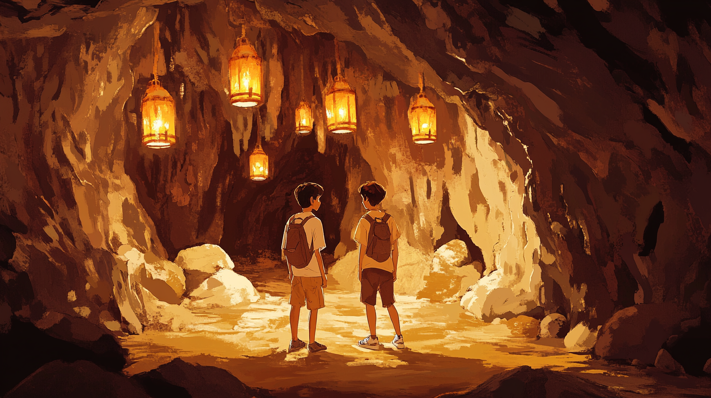 Exploring a cave with lanterns: 12-year-old boys, 11-year-old girl