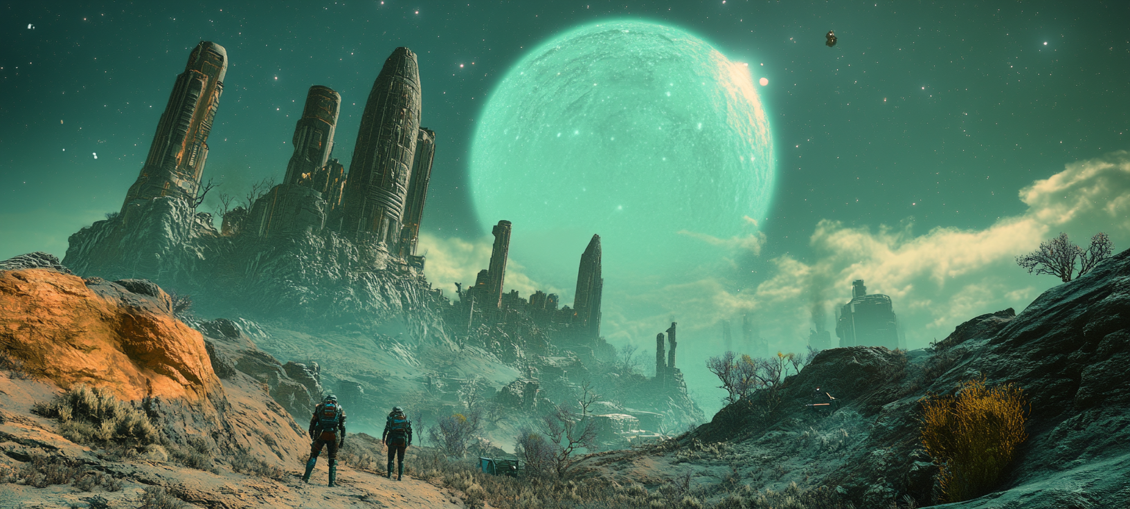 Exploring alien ruins on rugged greenish blue planet.