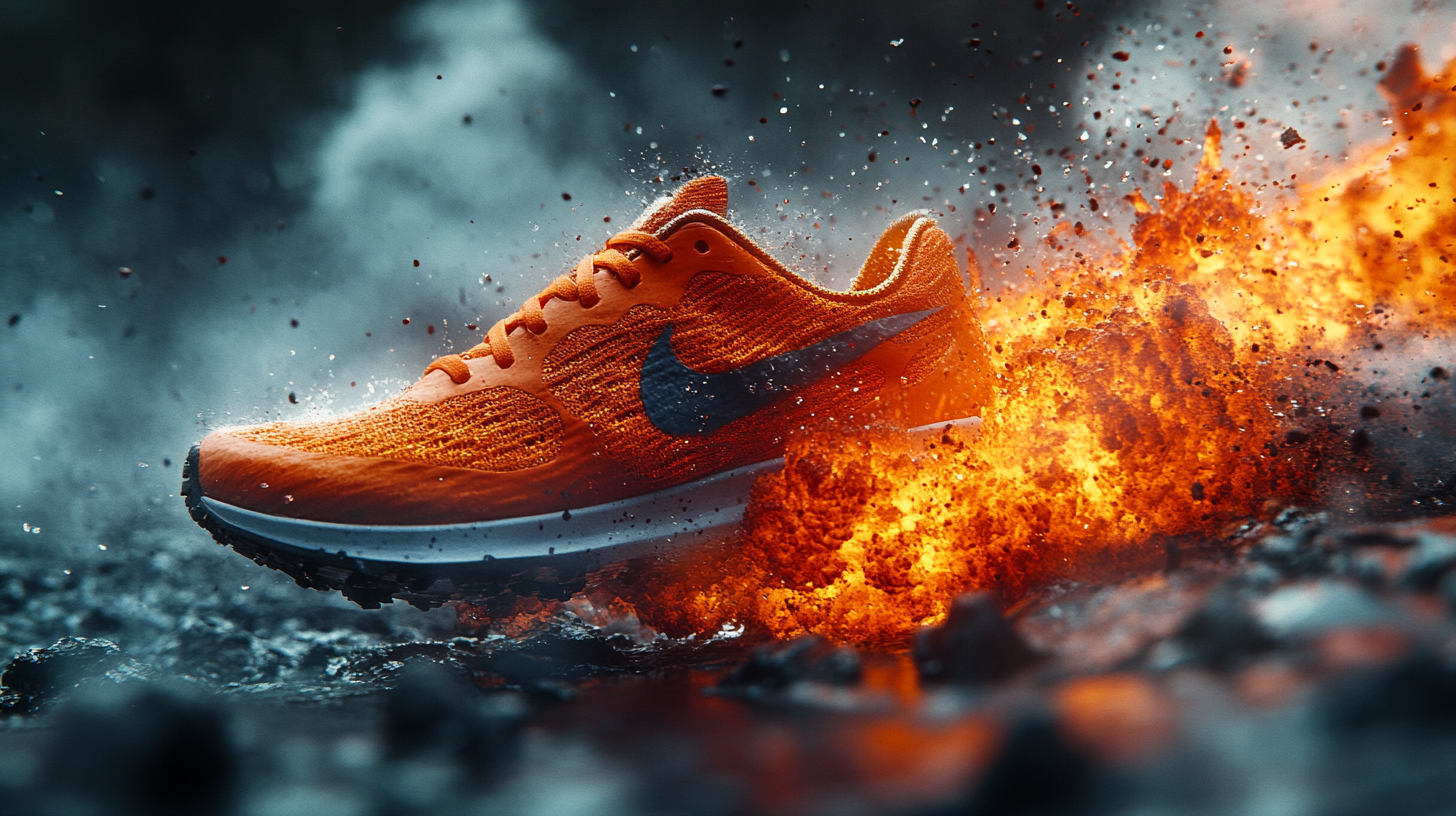 Explosive Nike Sneaker Product Photography: Magma and Volcanic Rock