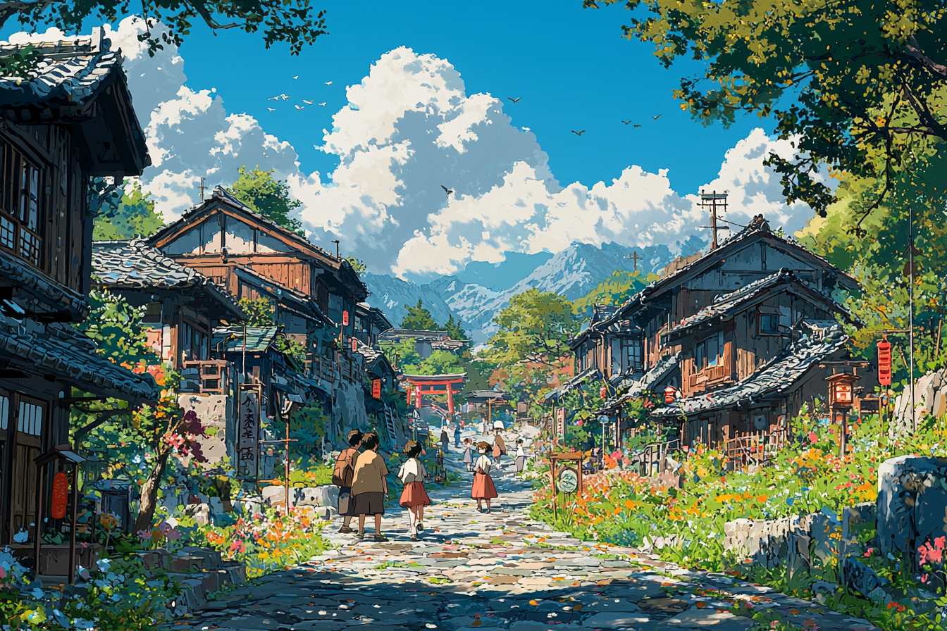 Expressive anime school-building scene with vibrant, detailed colors.