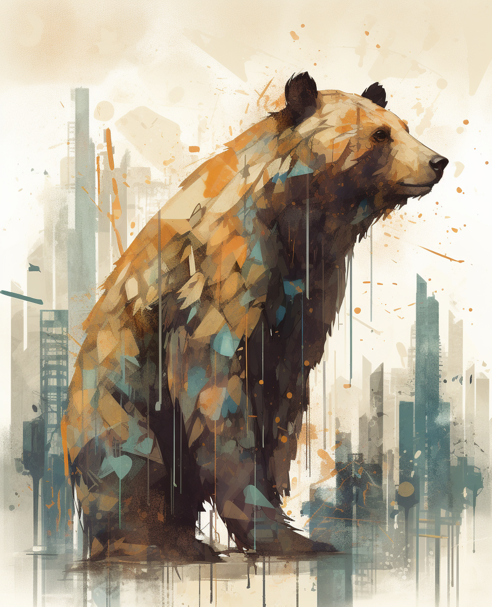 Expressive bear painting in minimalistic style with cityscape background.