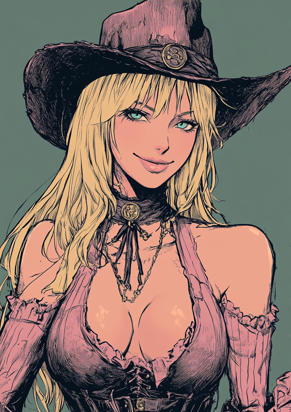 Expressive goth cowgirl with blonde hair and pink outfit.