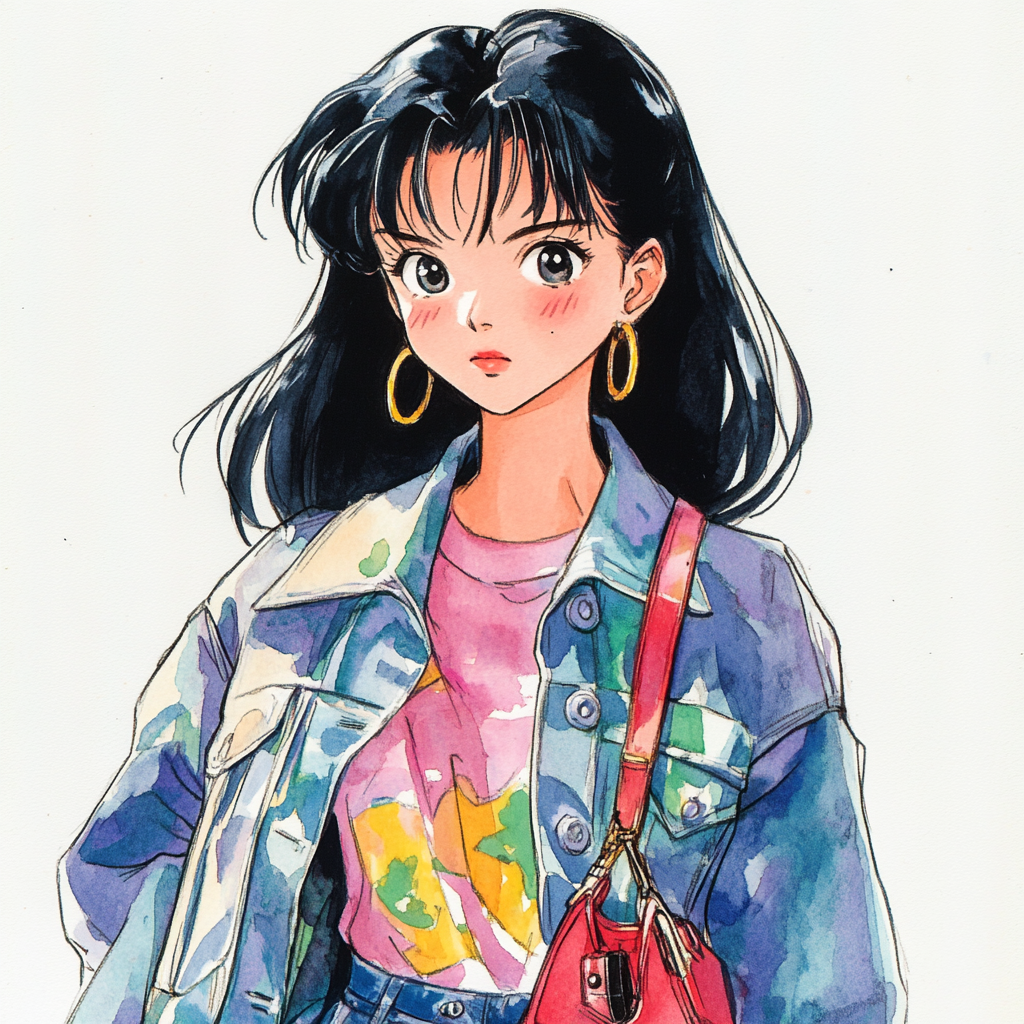 Expressive watercolor portrait of charming 1990s anime girl.