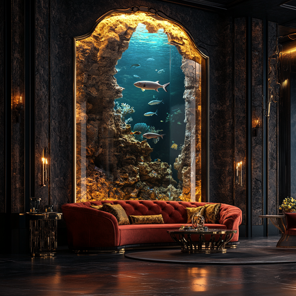 Exquisite Castle-style Lounge with Aquarium and Elegant Decor