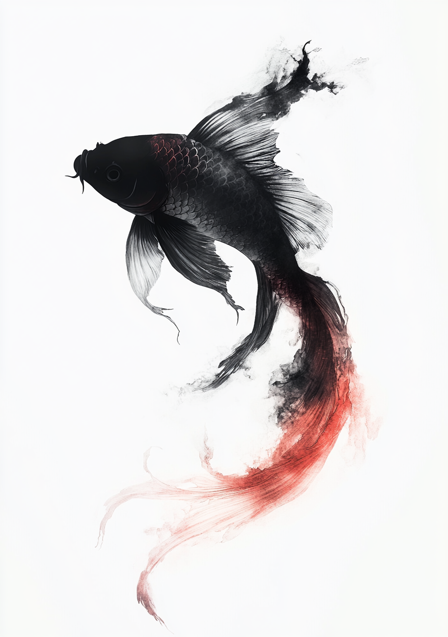 Exquisite Chinese Koi Painting in Black and Red