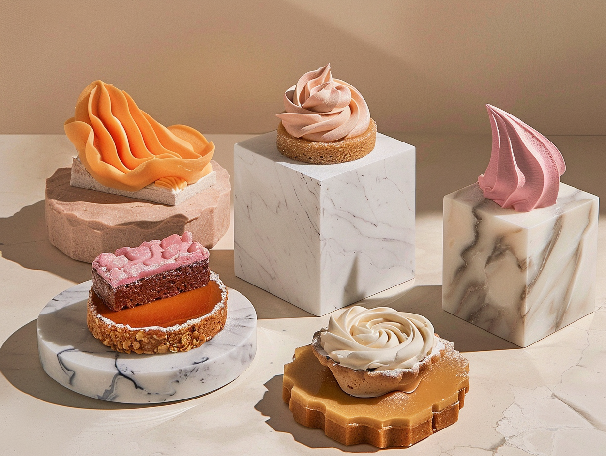 Exquisite Desserts Displayed on Marble Stands