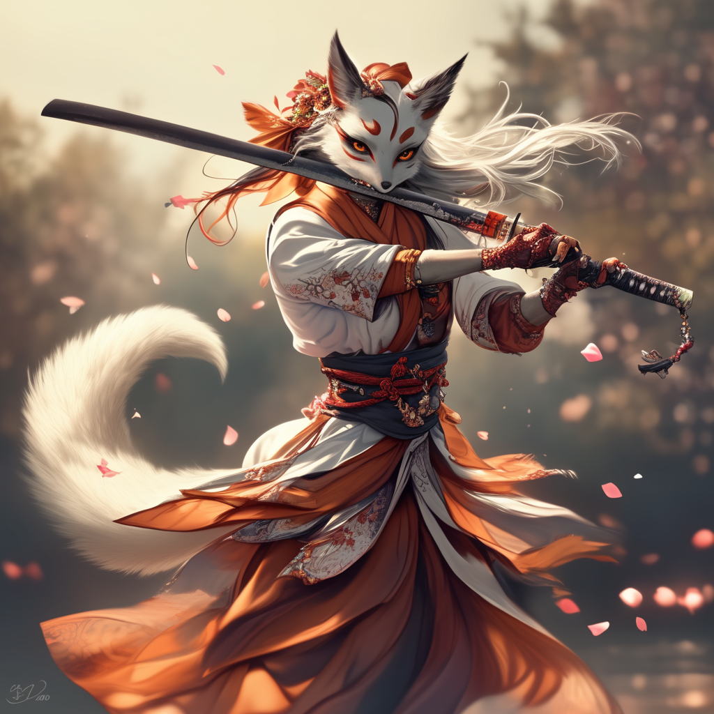 Exquisite Kitsune female in silk with katana, dynamic pose.