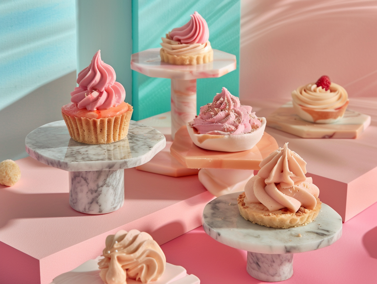 Desserts on marble stands in pastel background.