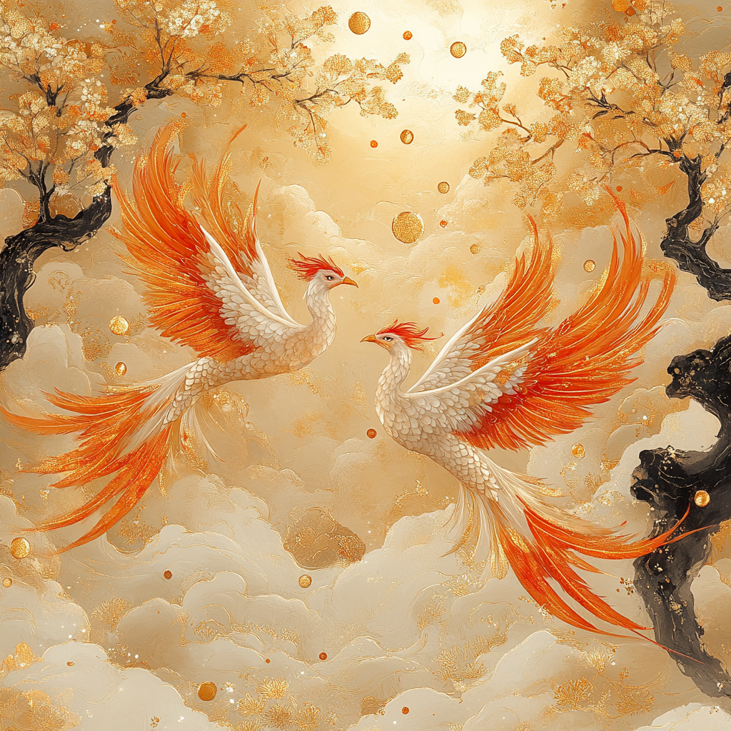 Exquisite phoenix designs flying with delicate feathers and ribbons.