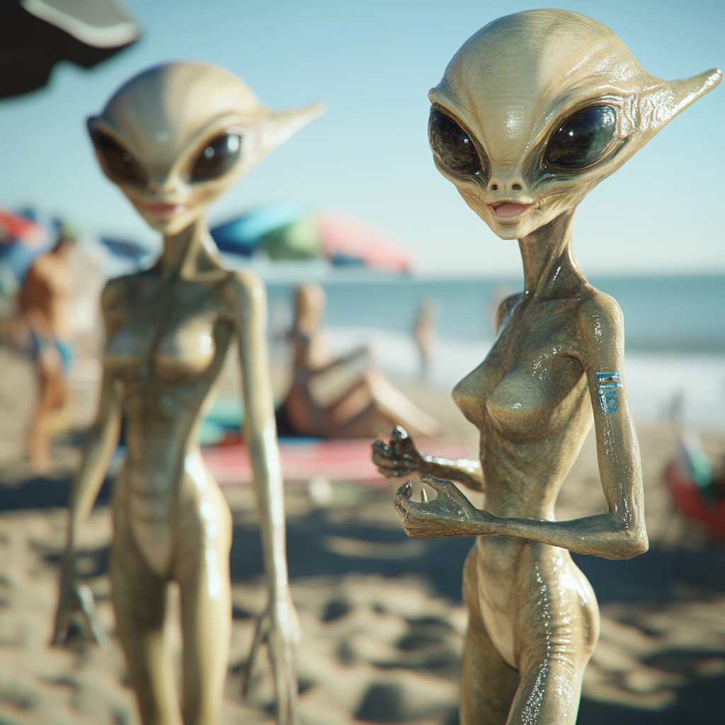 Extraterrestrial beings play together at realistic beach