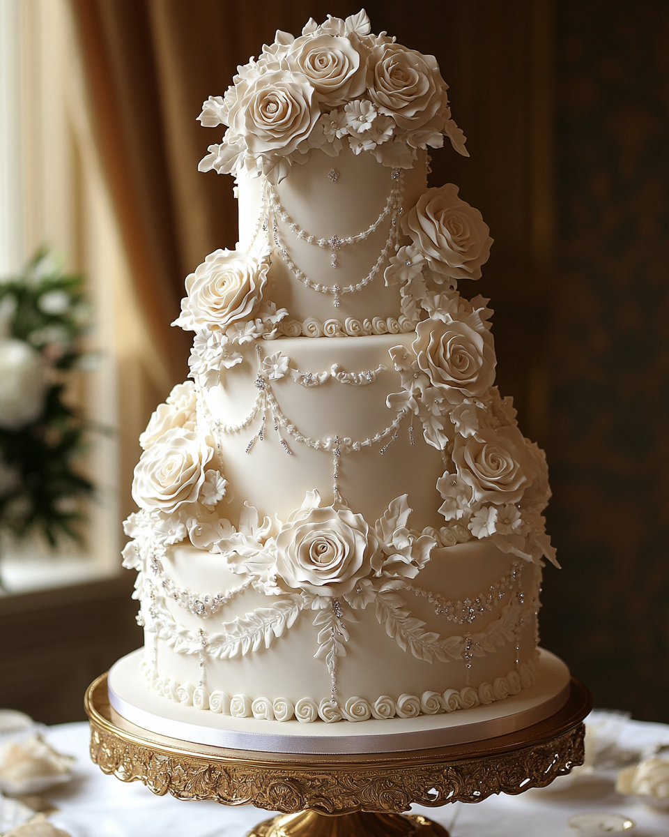 Extravagant, tall royal wedding cake on golden stand