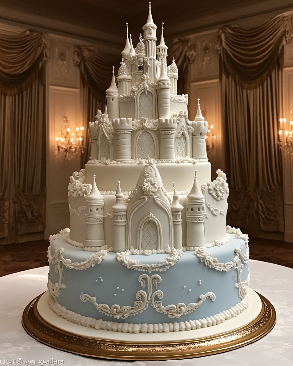 Extravagant Cinderella Wedding Cake on Gold Stand