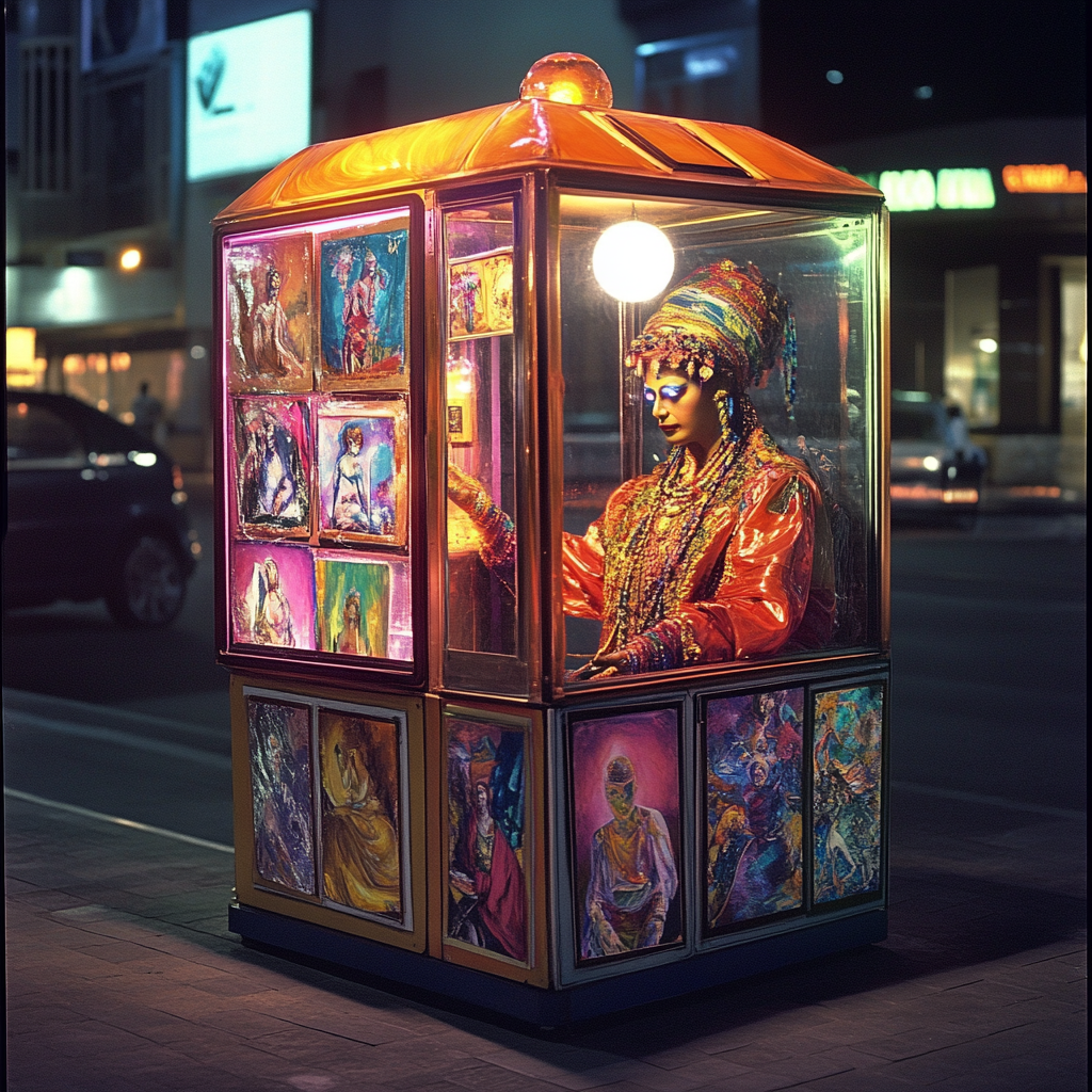 Extravagant fortune teller in neon-lit machine with art cards.