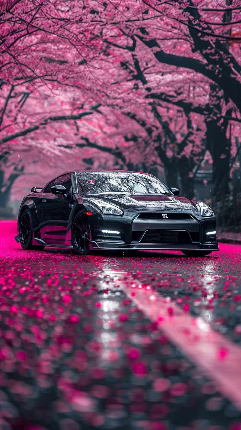 Eye-Catching Black Nissan GTR R35 Custom Widebody on Pink Sakura Tree Road in Japan