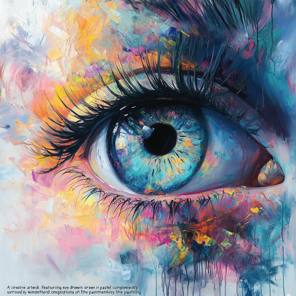 Eye in pastel colors surrounded by beauty and creativity.