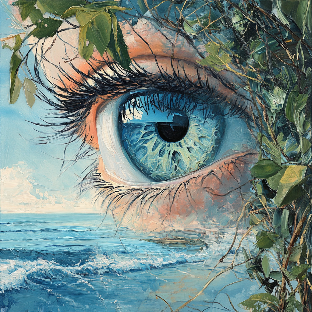 Eye in pastel colors with nature-themed compositions.