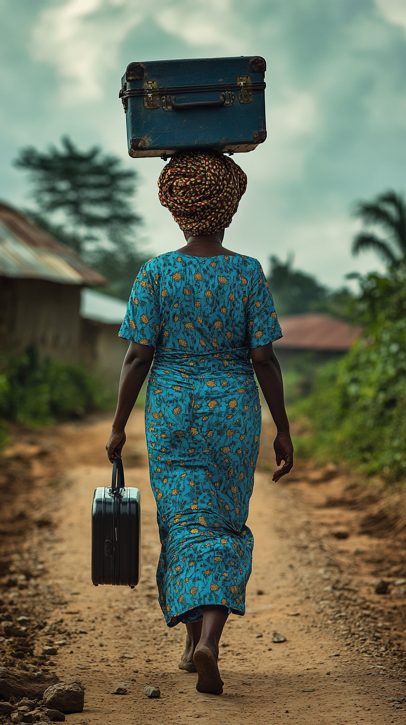 Ezinne, Nigerian midwife, aged 54, walking with luggage.