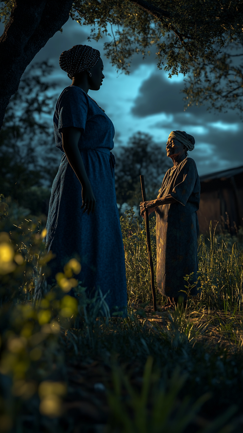 Ezinne, Nigerian midwife, in forest clearing with old woman.