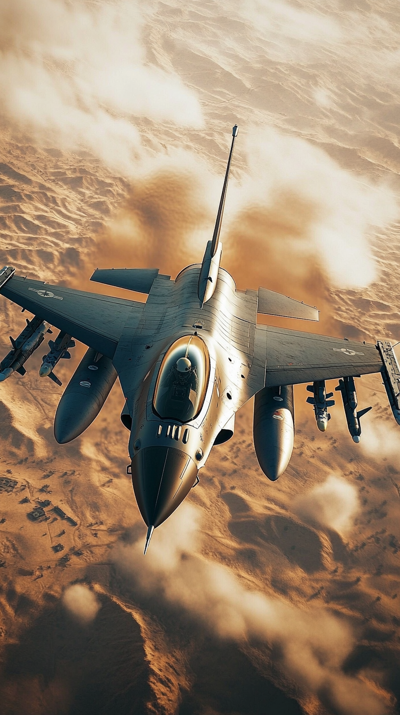 F-16 flying low over battlefield with retreating forces.