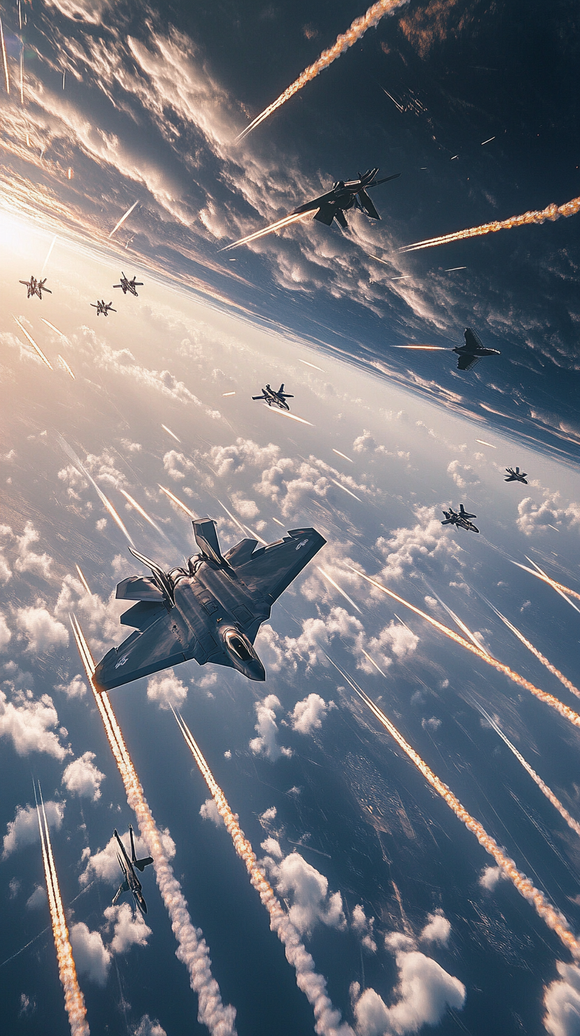 F-22 dominates sky, F-15s struggle, surreal, hyper-realistic.