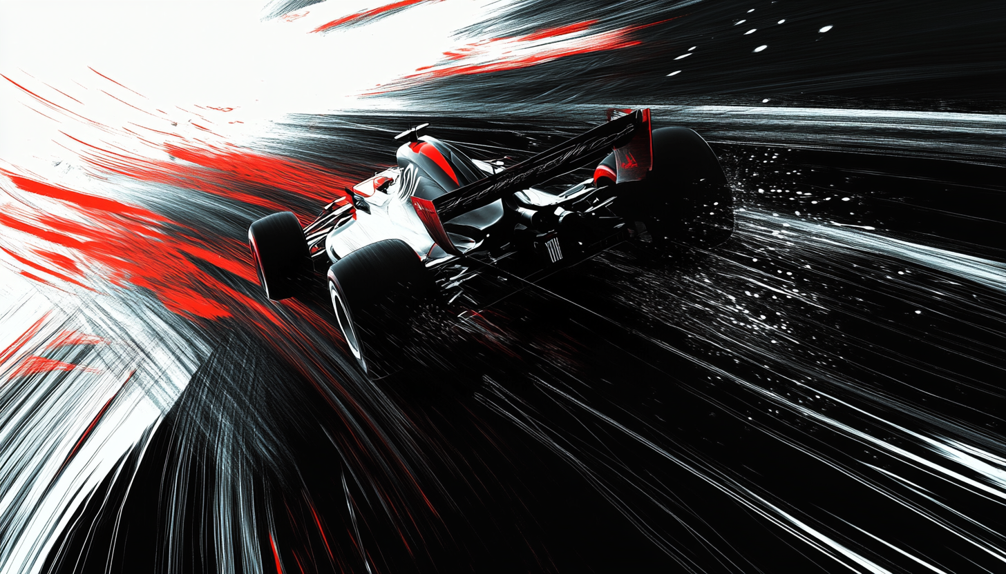 F1 car zooming across with black background art.