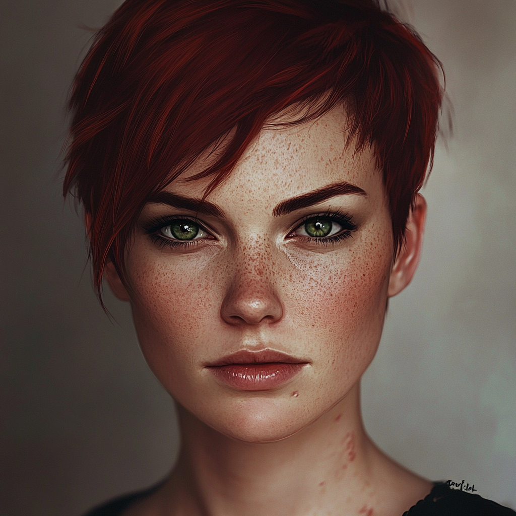 FIT 30s WOMAN, RED HAIR, GREEN EYES, SCARS.