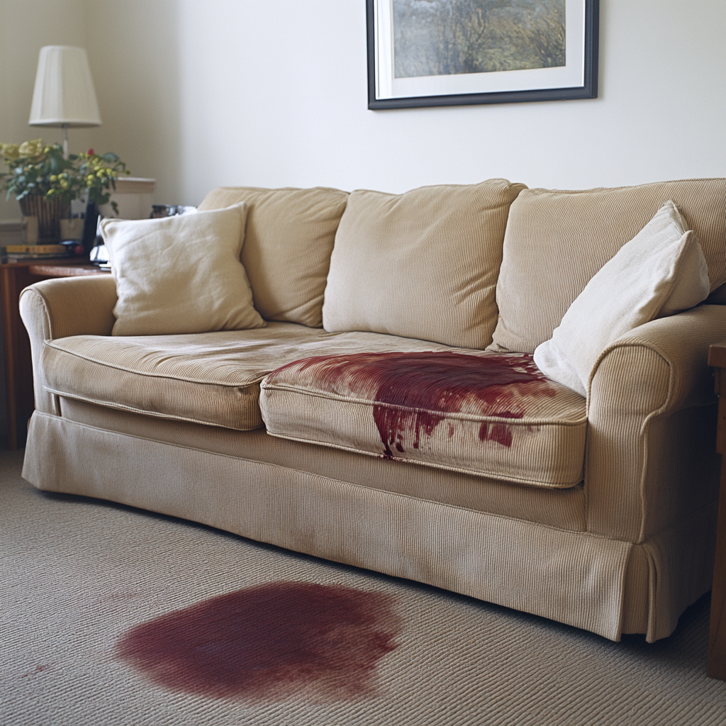 Fabric couch with red wine stain in spotless room.