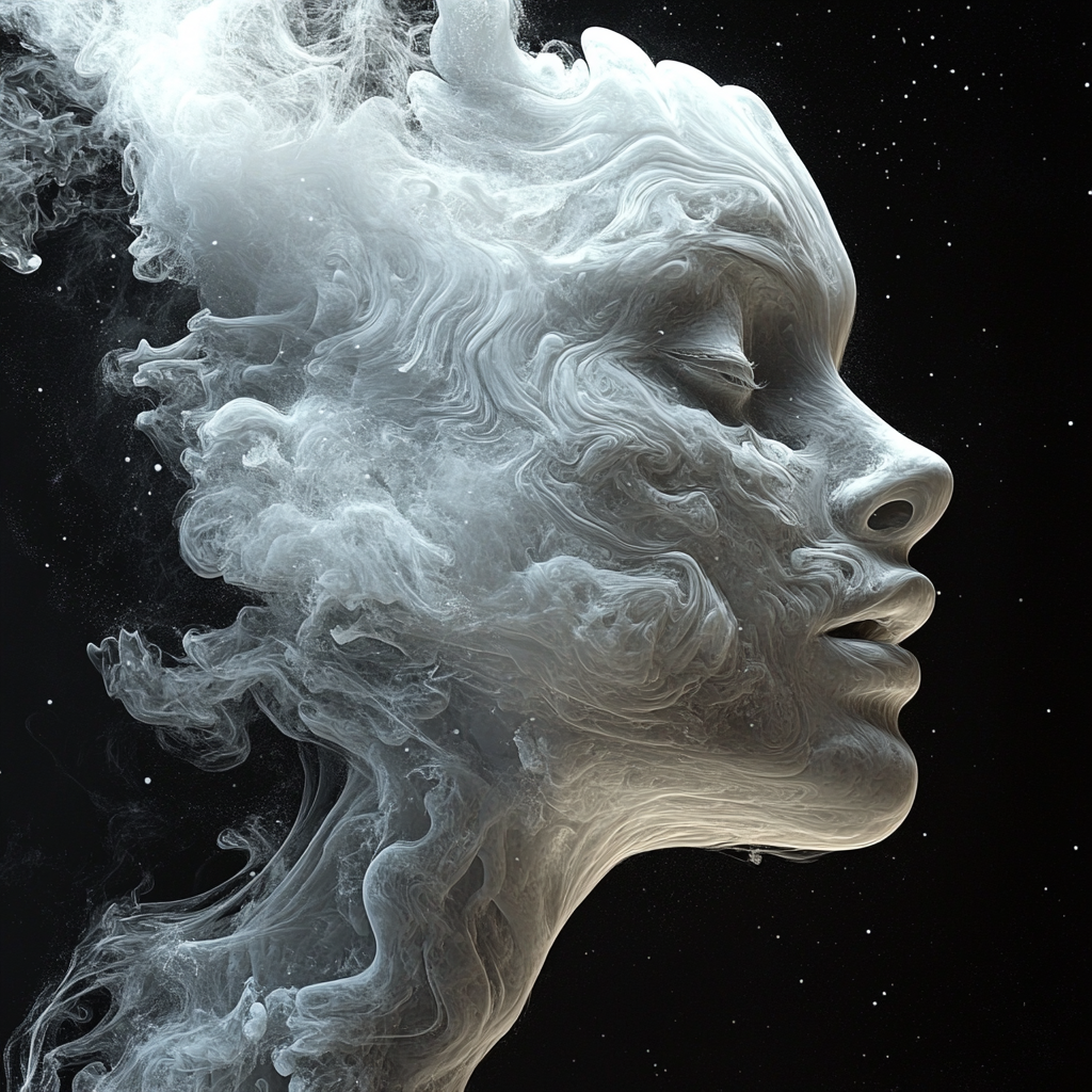 Face shape formed by blowing smoke away, surreal style.