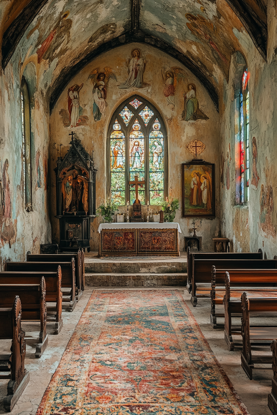 Faded Frescoes in Western Gothic chapel create serene reflection.