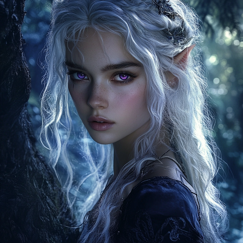 Fae woman in noble clothing in dangerous forest.