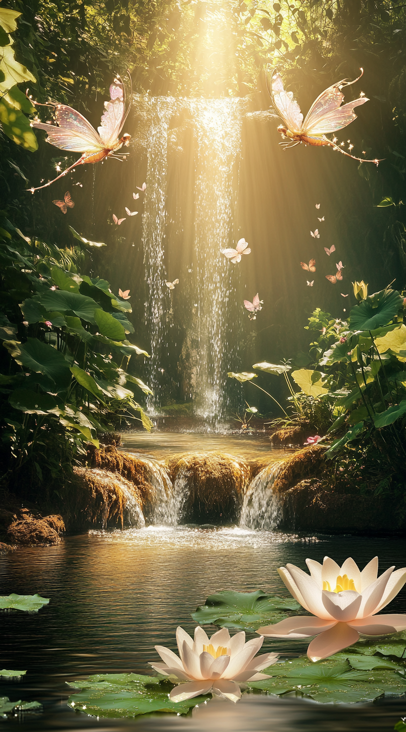 Fairies fly over waterfall in magical forest