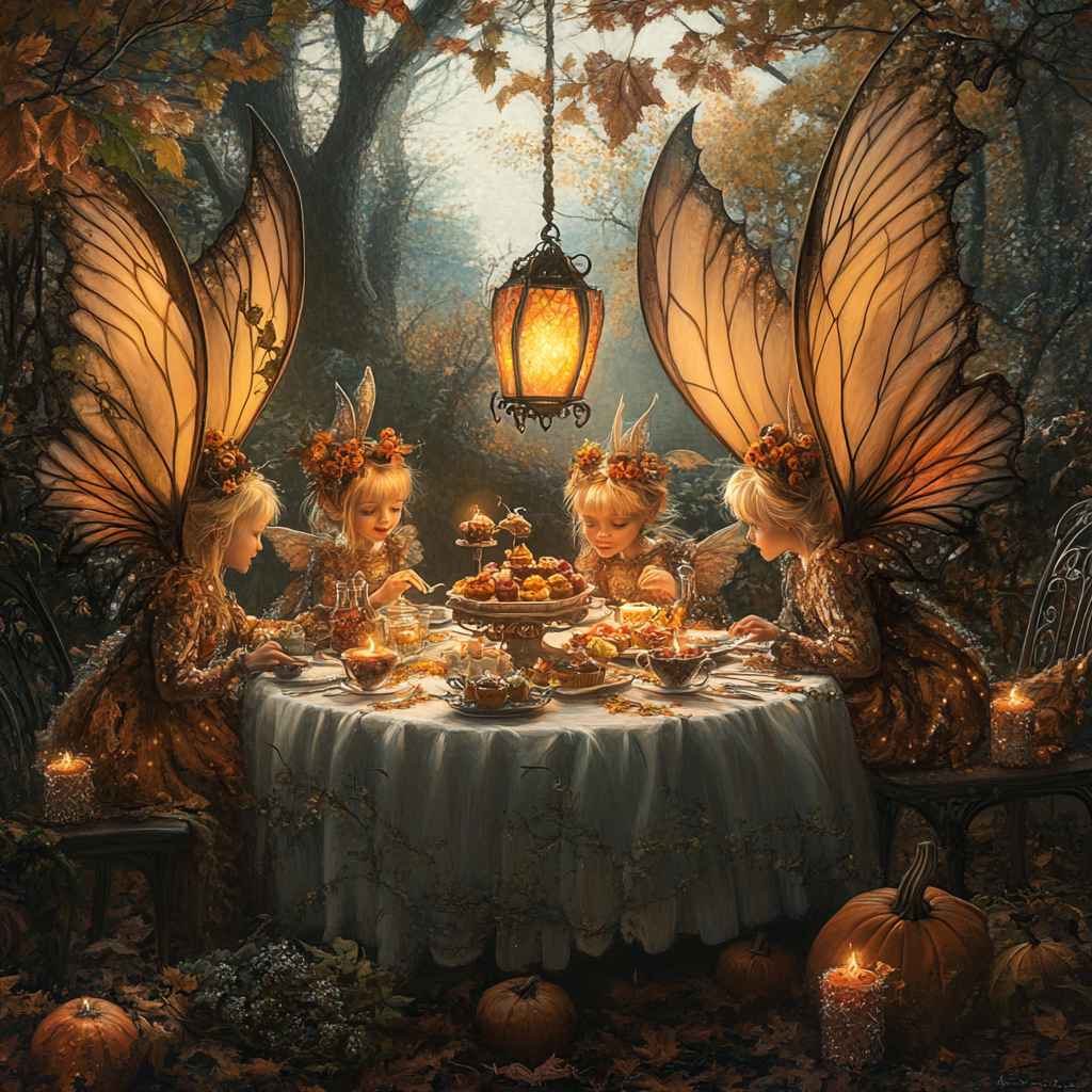 Fairies with large wings at outdoor Halloween tea table.