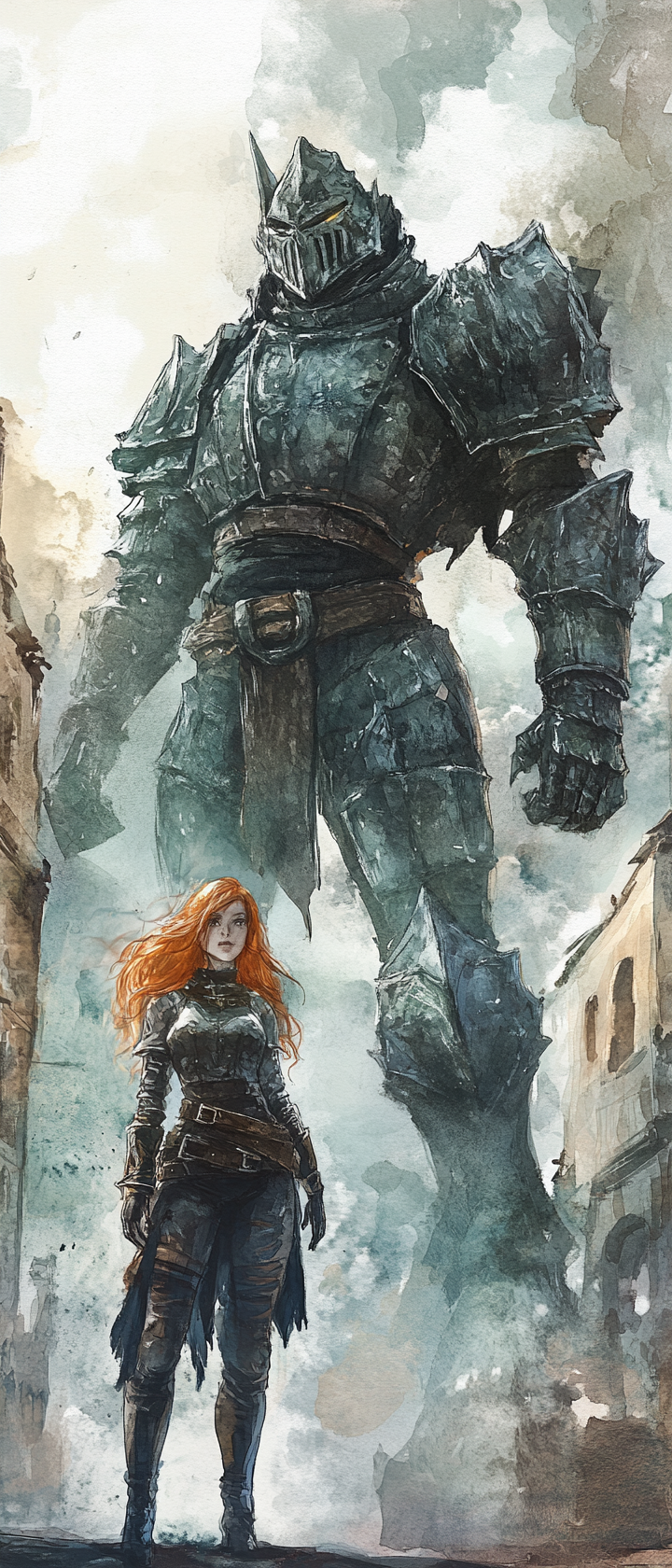 Fairy and metal golem in medieval city, ethereal mood.