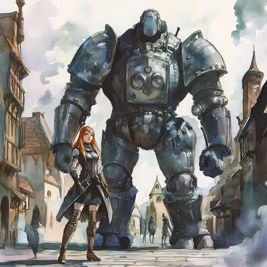 Fairy in armor with golem friend in medieval city.