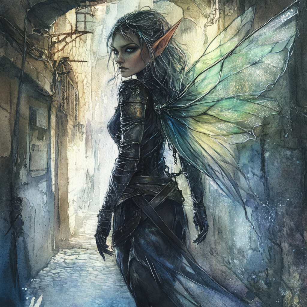 Fairy rogue in leather armor with translucent wings.