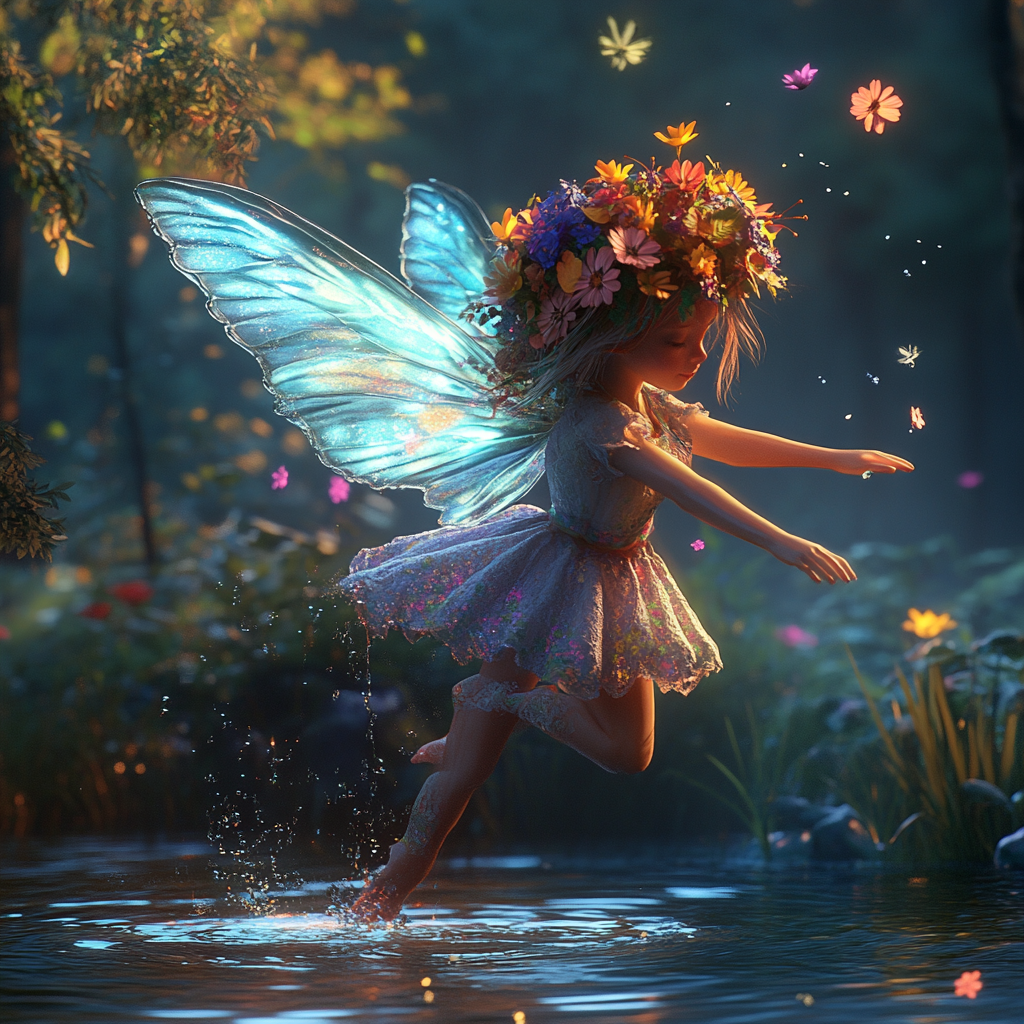 Fairy with glowing wings hovers over magical pond.