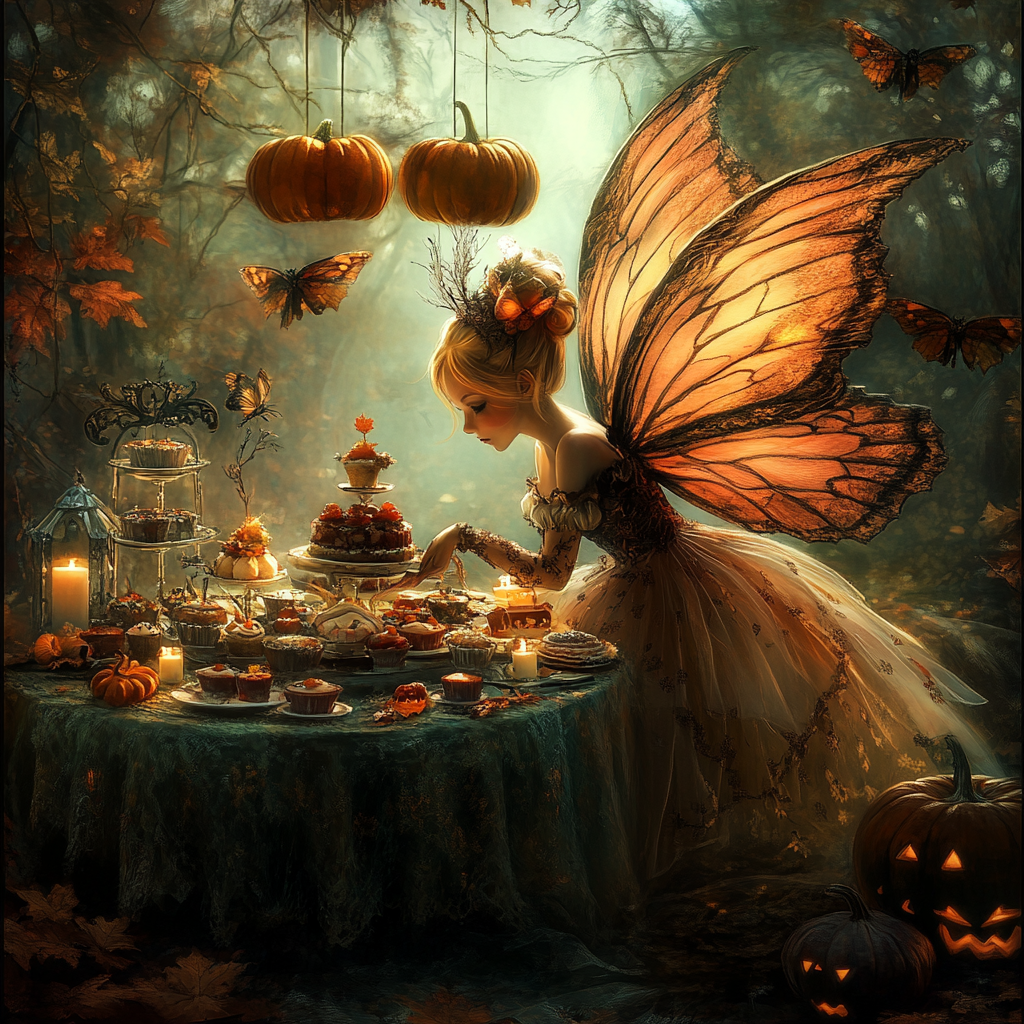 Fairy with large wings at spooky Fall tea party.