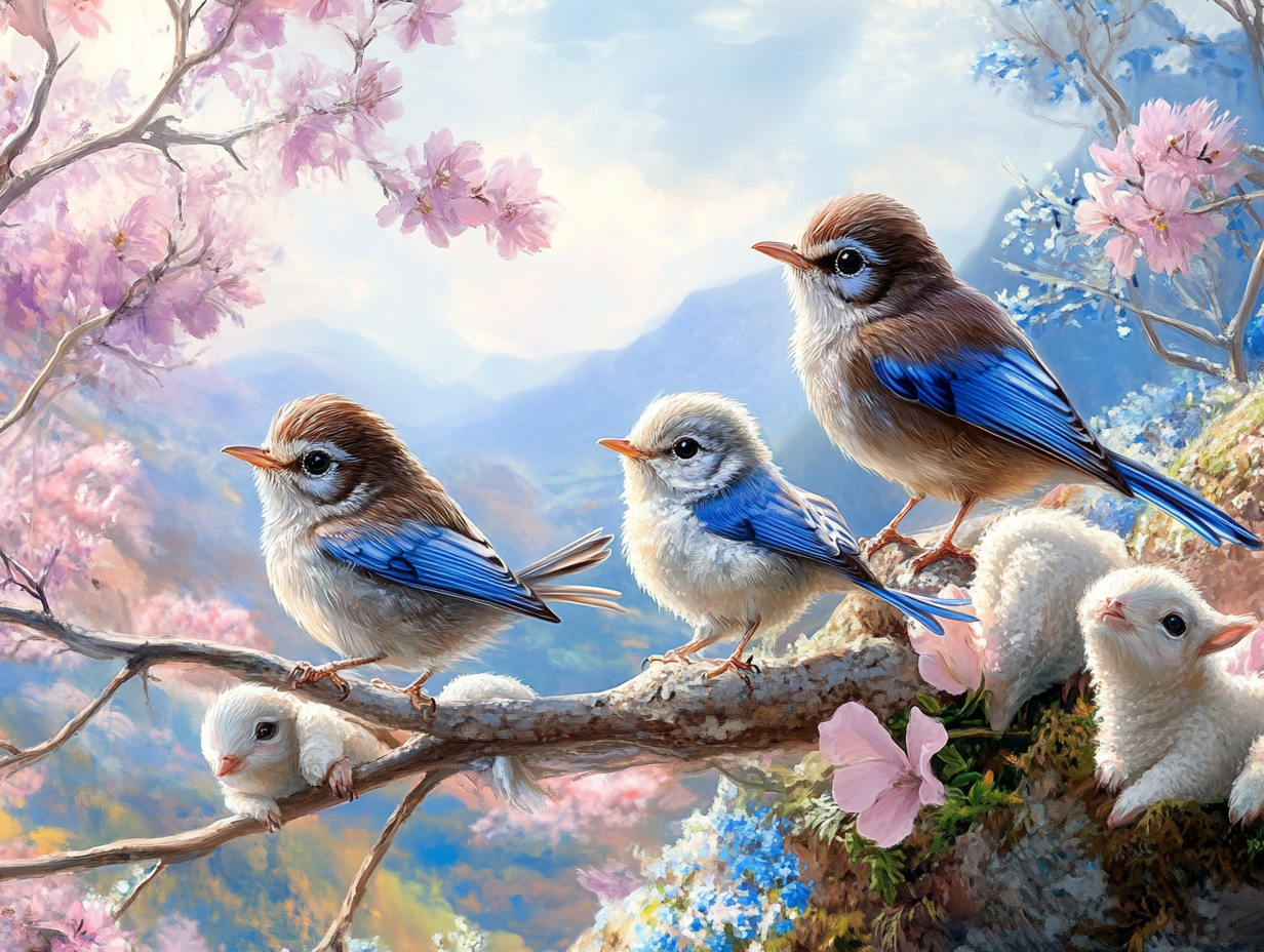 Fairy wrens and lambs in serene scene