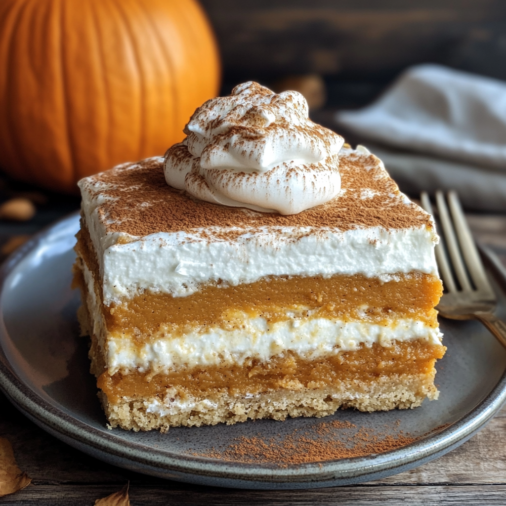 Fall-inspired pumpkin dessert with rich layers and creamy topping.