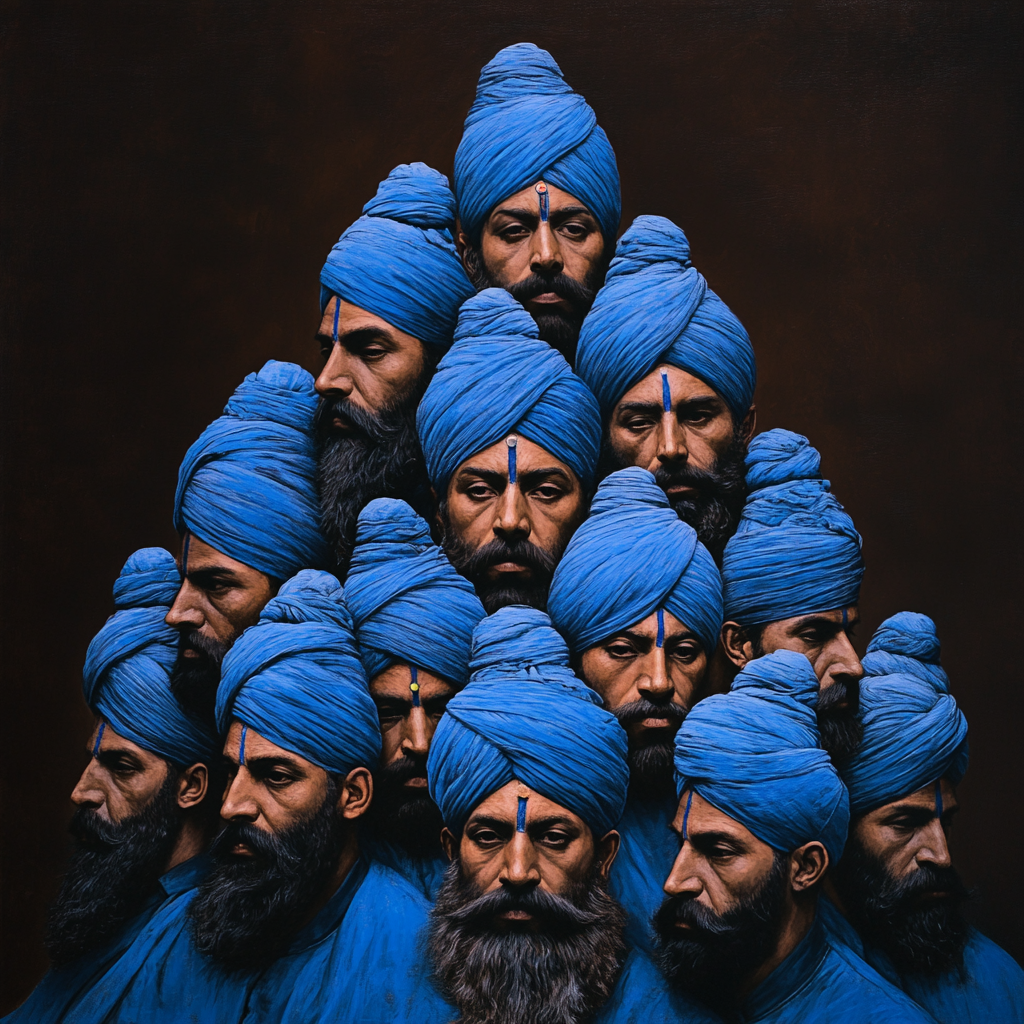 Fallen Sikh warriors' heads in blue turbans, Punjab 1762